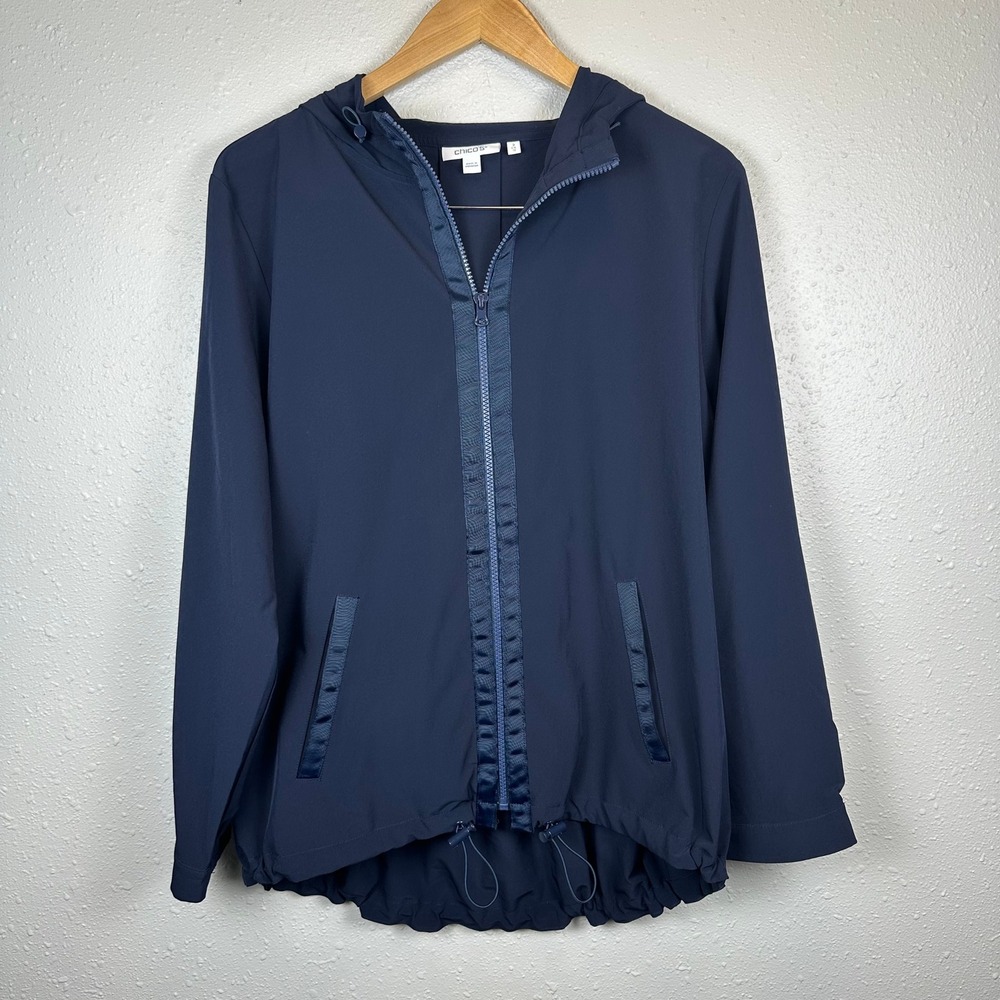 Chico's Womens 12 Lightweight Jacket Windbreaker Navy Blue High Low Activewear
